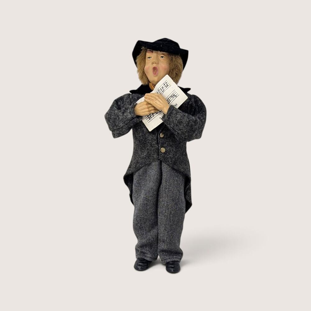 Vintage 1980s Christmas Caroler Figurine | Tweed Coat Top Hat Singer Statue
